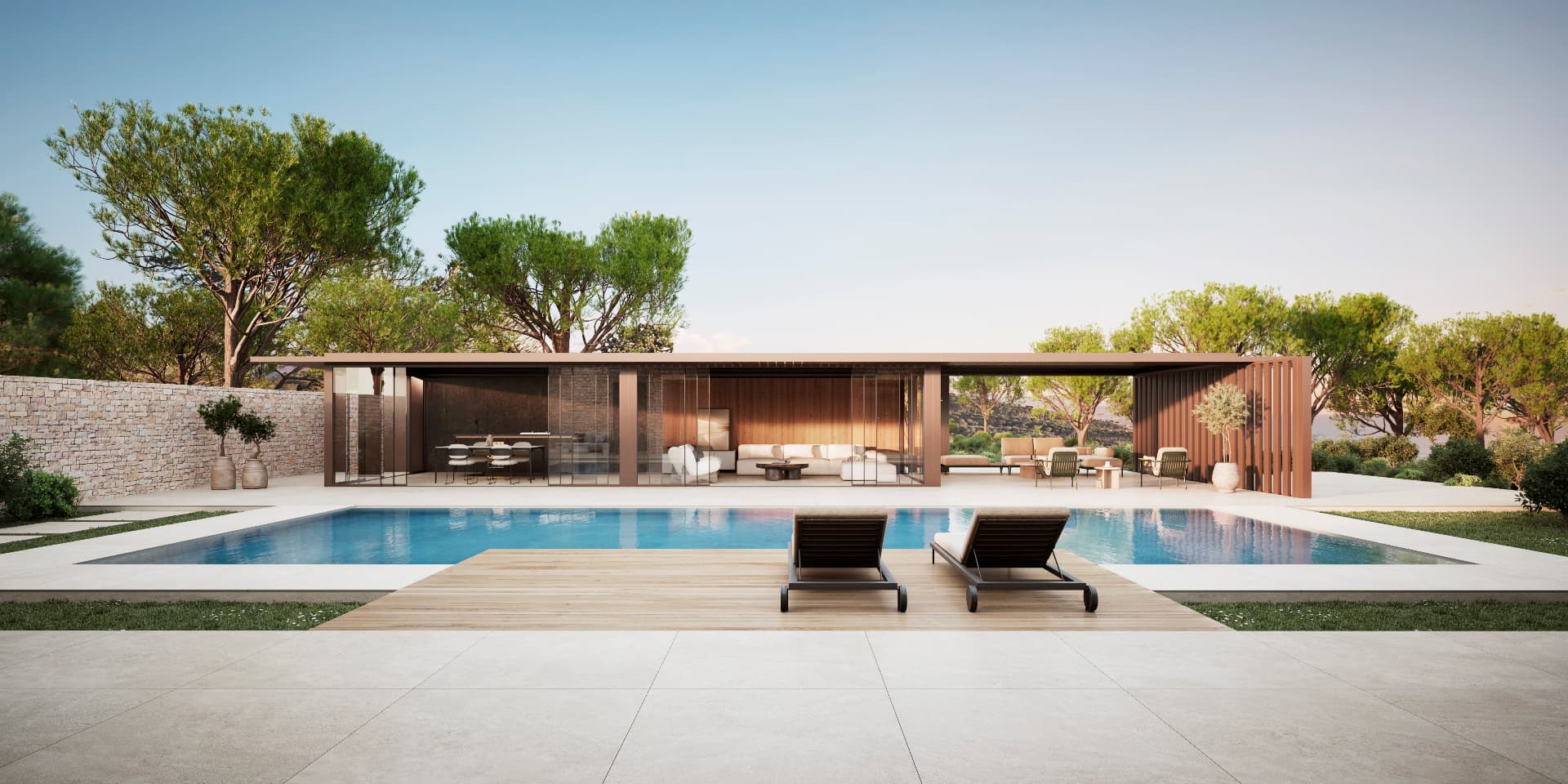 Neutro pavilion and pool overview with sun loungers