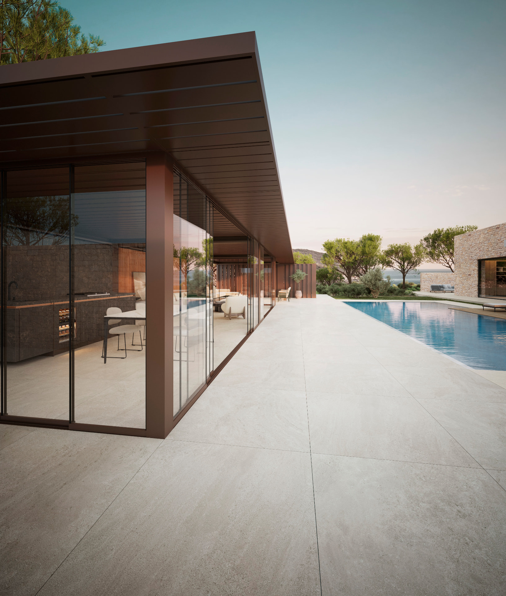 Terrace view along the Neutro pavilion and pool