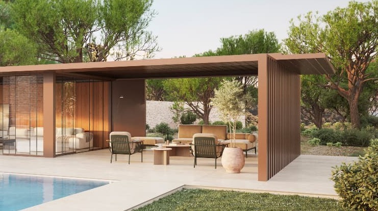 Neutro pavilion among Mediterranean pines beside the pool