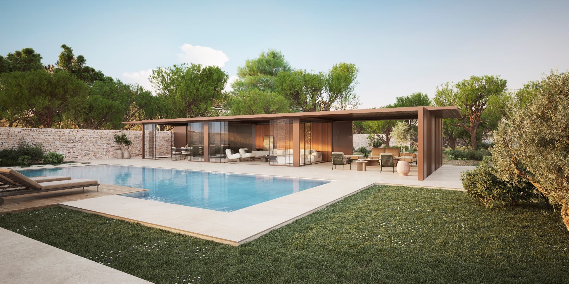 Neutro pavilion across the pool with open lawn