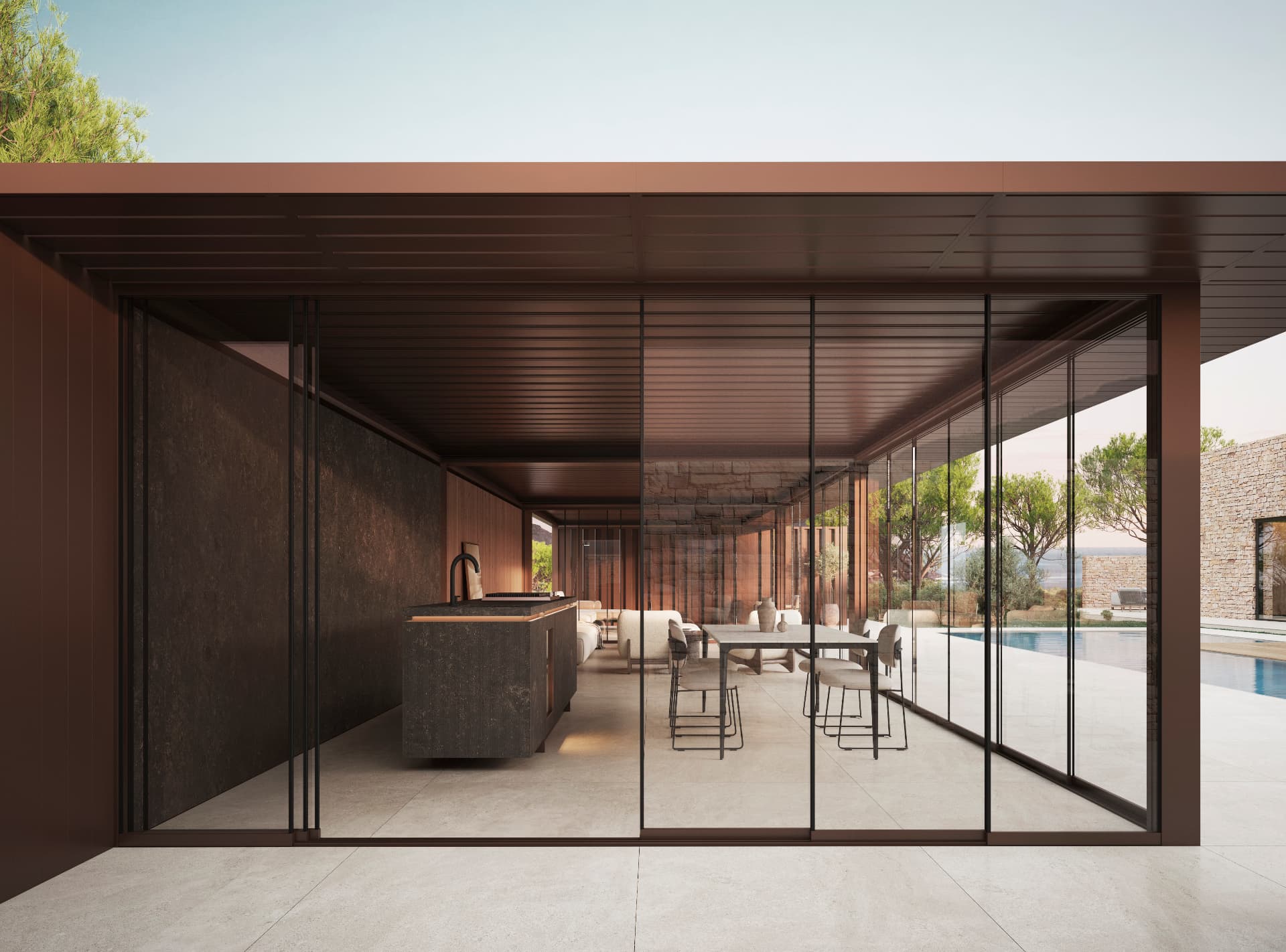 Glass dining and kitchen elevation of a Neutro pavilion