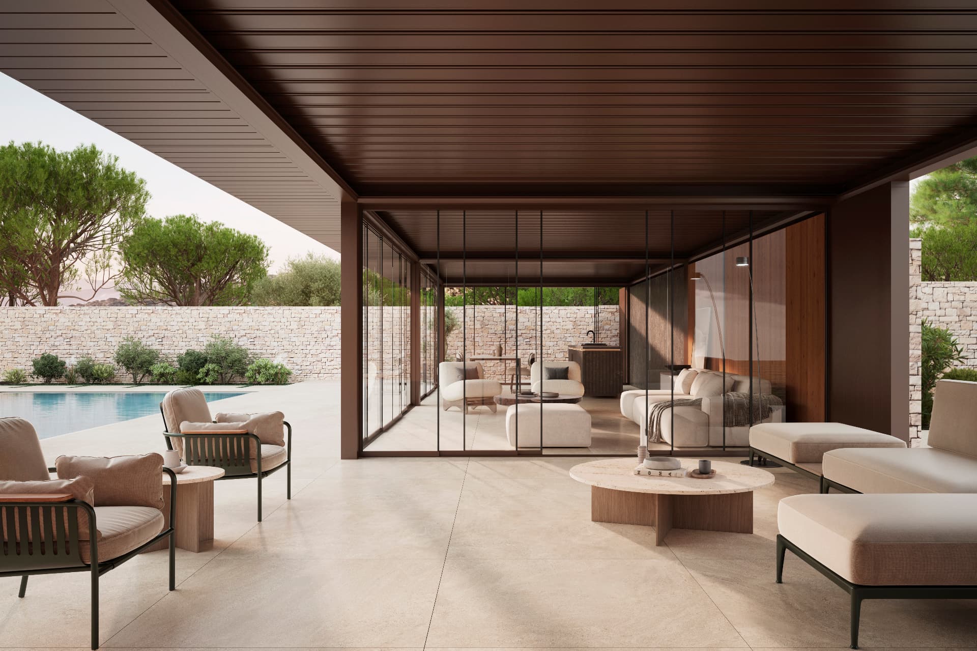 Interior lounge beneath the pavilion roof