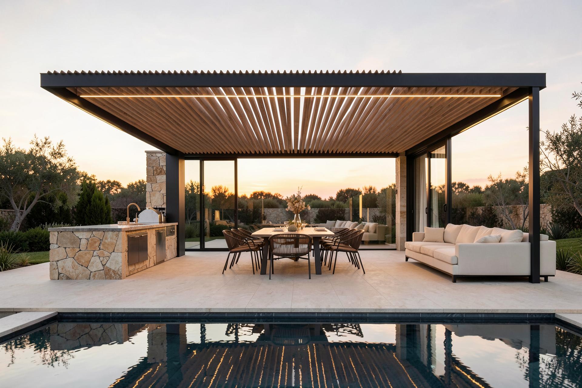 Neutro outdoor pavilion at sunset — louvred roof, outdoor kitchen, dining and cream lounge beside a still pool